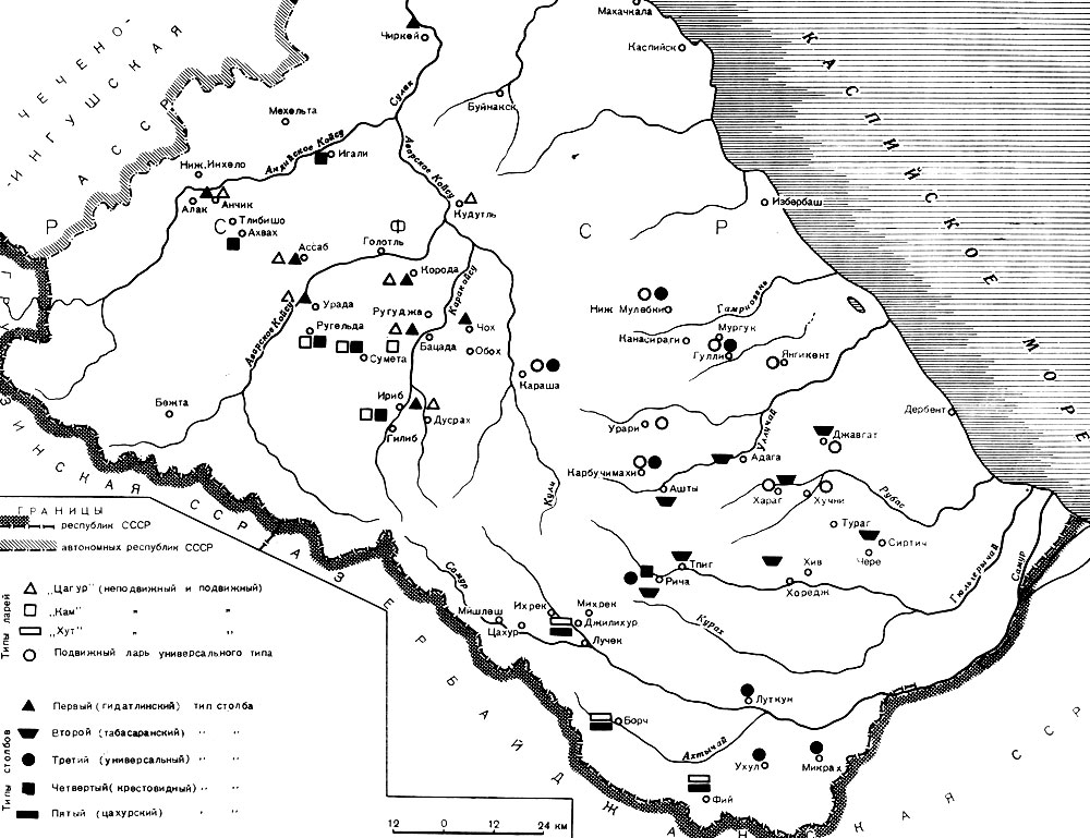 Рис. 2. Карта распространения типов ларей и опорных столбов на территории Дагестана