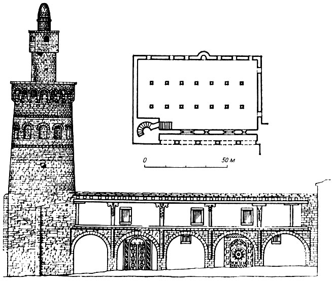 Рис. 86. Общий вид фасада и план мечети с. Тпиг (рис. С. О. Хан-Магомедова)