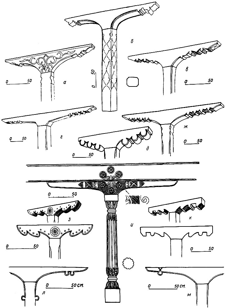 Рис. 117 а-м. Резные подбалки столбов из кумыкских районов, XIX-XX вв