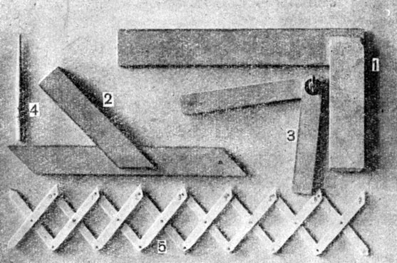 Рис. 22. Разметочный инструмент: 1 - угольник столярный; 2 - ярунок; 3 - малка; 4 - чертилка; 5 - делитель