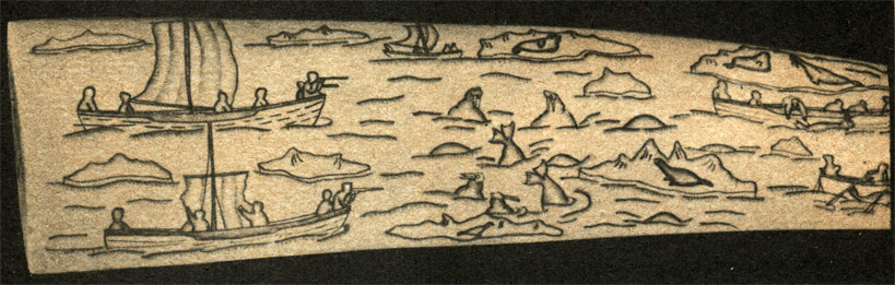 Рис. 31. Охота на моржей. 1956 г. Клык моржа. Цветная гравировка