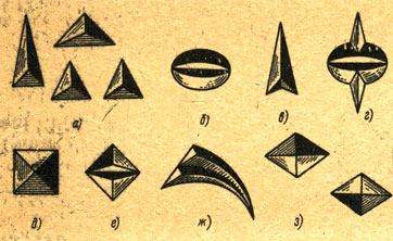 Рис. 88. Элементы трехгранновыемчатой резьбы: а - треугольники, б - глазок, в - треугольник с зубчиком, г - фонарик, д - кубик, е - соты, ж - клин (элемент сияния), з - ромбы