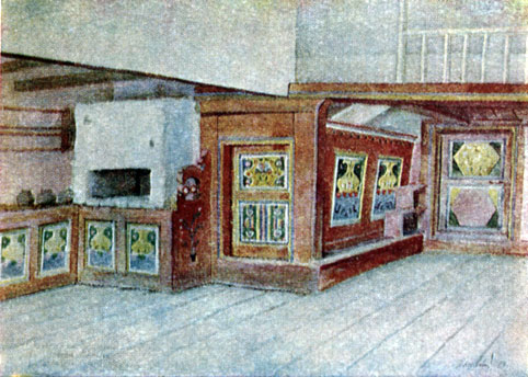 6. Мы видим здесь внутреннее убранство избы на Северной Двине: художник расцветил яркими красками кухонный стоп, печь, лежанку ('голбец') и даже дверь