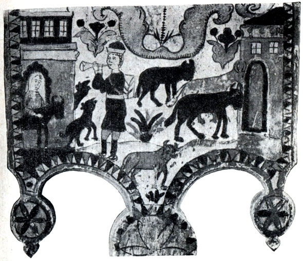 7. На прялке нарисована обычная деревенская сценка: пастух играет в рожок и женщины выгоняют коров в стадо